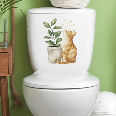 Watercolor Cartoon Cat Potted Plant Toilet Sticker PVC Waterproof Removable Bathroom Wall Art Decal Home Decor Accessories