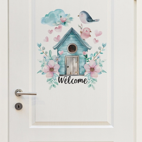 Aquarell Vogelhaus Welcome Wandtattoo PVC Abnehmbar Blume Herz Vogel Tür Aufkleber Für Wohnzimmer Schlafzimmer Deko