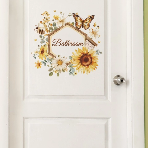 Pegatina de Pared para Baño con Girasol y Mariposa PVC Calcomanía de Puerta Decorativa Marco Hexagonal Eslogan de Flores para Hogar