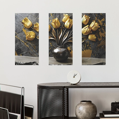 Sticker Mural Triptyque Tulipe Dorée Minimaliste Moderne Texture Marbre Auto Adhésif PVC pour Salon Décoration de Maison