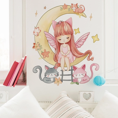 Sticker Mural Fée de la Lune et Chat en PVC Autocollant Mural Amovible DIY pour Chambre d'Enfant Salon Décoration de Maison
