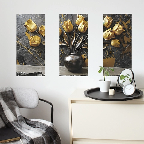 Sticker Mural Triptyque Tulipe Dorée Minimaliste Moderne Texture Marbre Auto Adhésif PVC pour Salon Décoration de Maison