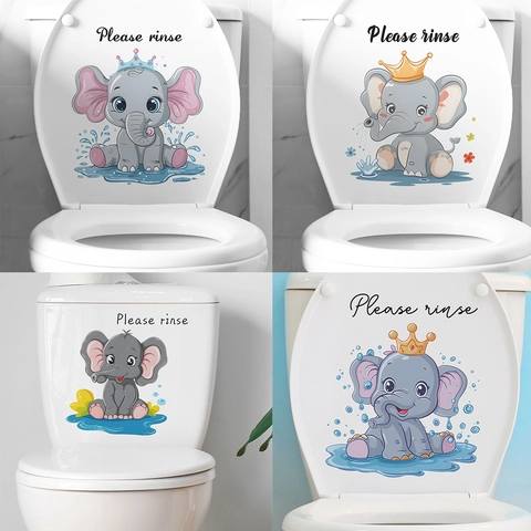 Cartoon Elephant Crown Waterproof PVC Toilet Lid Sticker Please Rinse Quote Bathroom Wall Decal Home Decor Sticker