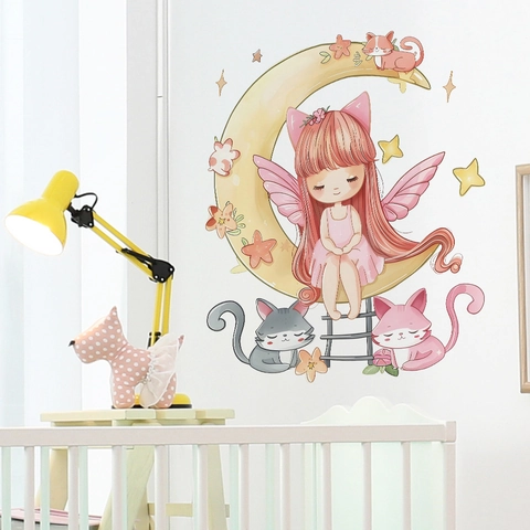 Sticker Mural Fée de la Lune et Chat en PVC Autocollant Mural Amovible DIY pour Chambre d'Enfant Salon Décoration de Maison