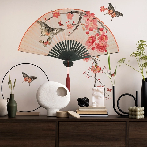 Chinese Style Folding Fan Wall Sticker Plum Blossom Butterfly Pattern Self Adhesive PVC Decal For Living Room Home Decor