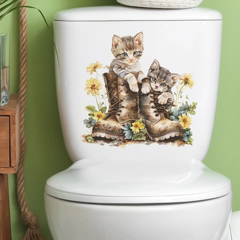 Creative Cat In Boots Sunflower Toilet Sticker Waterproof PVC Bathroom Decal For Wall Decoration Removable Animal Mural