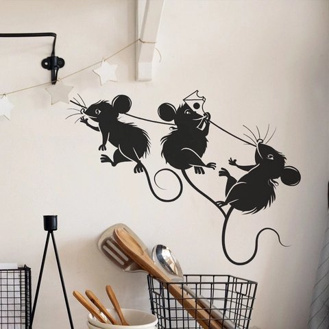 Cartoon Mice Eating Cheese Wall Stickers Black PVC Removable Silhouette Wall Decal For Kitchen Dining Room Home Decoration