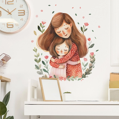 Mother's Day PVC Wall Sticker Cartoon Mother And Daughter Embracing Floral Home Decor For Bedroom Living Room Waterproof Decal
