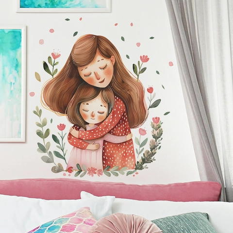 Mother's Day PVC Wall Sticker Cartoon Mother And Daughter Embracing Floral Home Decor For Bedroom Living Room Waterproof Decal