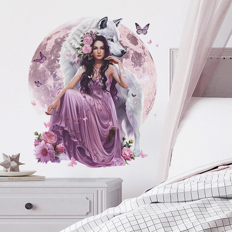 Adesivo da Parete Fantasia Bellezza e Lupo PVC Autoadesivo Sogno Luna Murale Decorativo per Camera da Letto Soggiorno Casa