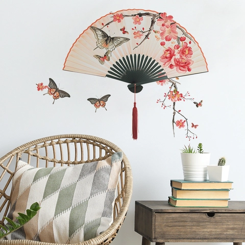 Chinese Style Folding Fan Wall Sticker Plum Blossom Butterfly Pattern Self Adhesive PVC Decal For Living Room Home Decor