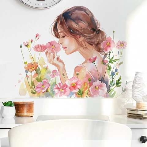 Adesivo da Parete Ragazza Fiori Acquerello Decalcomania Profilo Floreale Artistico per Camera da Letto Soggiorno Arredamento