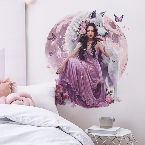 Adesivo da Parete Fantasia Bellezza e Lupo PVC Autoadesivo Sogno Luna Murale Decorativo per Camera da Letto Soggiorno Casa