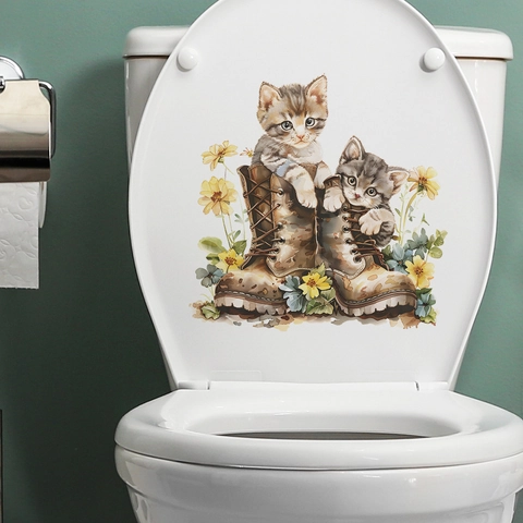 Creative Cat In Boots Sunflower Toilet Sticker Waterproof PVC Bathroom Decal For Wall Decoration Removable Animal Mural