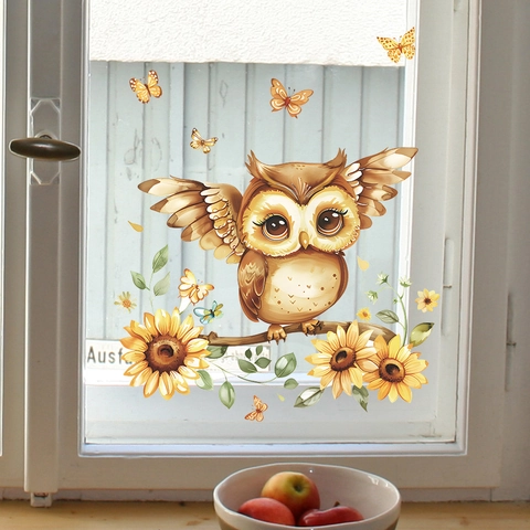 Cartoon Eule Und Sonnenblume Statischer Fensteraufkleber PVC Dekoratives Wandtattoo Für Glastüren Fenster Zuhause Deko