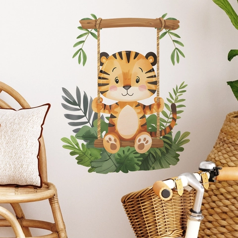 Cartoon Tiger Swinging On Tree Wall Stickers Tropical Leaves Animal Removable PVC Decals For Kids Bedroom Living Room Home Decor