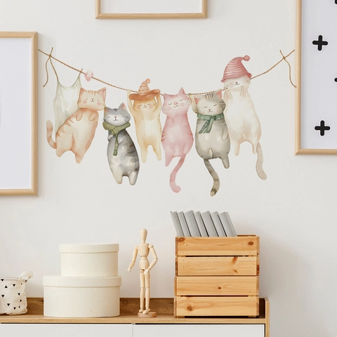 Cute Cartoon Cat Wall Stickers PVC Watercolor Animal Hanging Decals For Kids Room Bedroom Living Room Home Decor