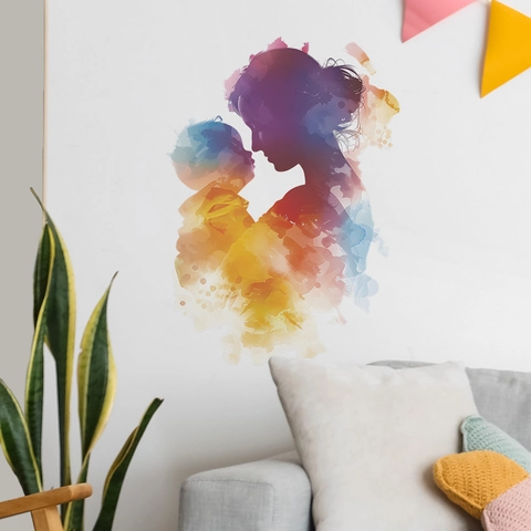Adesivo Murale Silhouette Madre e Figlio ad Acquerello Murale d'Arte Decorativa in PVC per Soggiorno Festa della Mamma