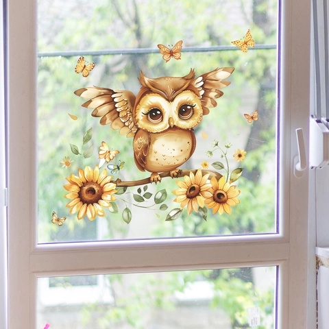 Cartoon Eule Und Sonnenblume Statischer Fensteraufkleber PVC Dekoratives Wandtattoo Für Glastüren Fenster Zuhause Deko