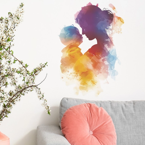 Adesivo Murale Silhouette Madre e Figlio ad Acquerello Murale d'Arte Decorativa in PVC per Soggiorno Festa della Mamma