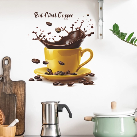 Modern PVC Coffee Cup Wall Sticker With But First Coffee Quote Yellow Decorative Decal For Kitchen Cafe Shop Home Decor