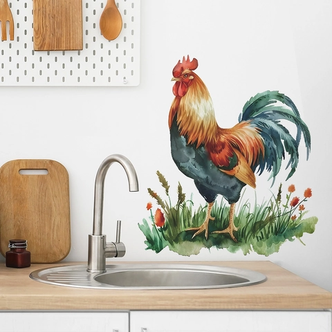 Watercolor Rooster Wall Sticker PVC Pastoral Floral Cock Pattern Decal For Kitchen Living Room Home Decor Art Wallpaper