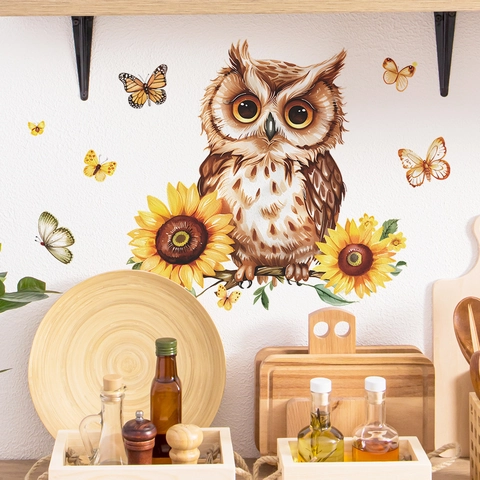 Watercolor Owl Sunflower Wall Stickers PVC Cartoon Animal Butterfly Window Decals For Kids Bedroom Living Room Home Decor