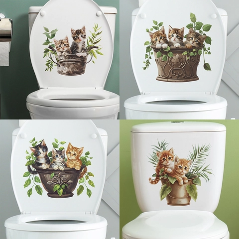 Cartoon Cat Green Plant Toilet Lid Sticker Waterproof PVC Bathroom Decoration Decal For Toilet Cover Home Decor