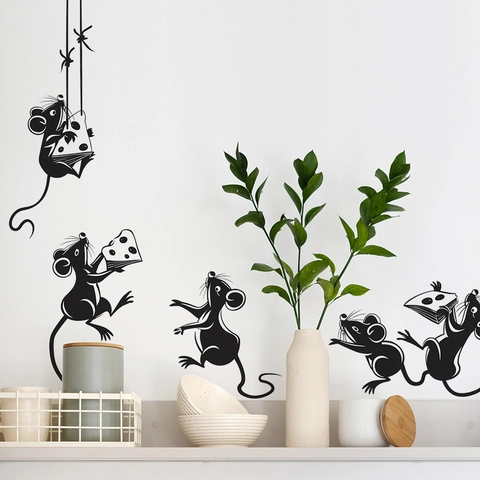 Cartoon Mouse Stealing Cheese Wall Sticker Kitchen Dining Room Home Decor PVC Self-adhesive Silhouette Mural Art Decal