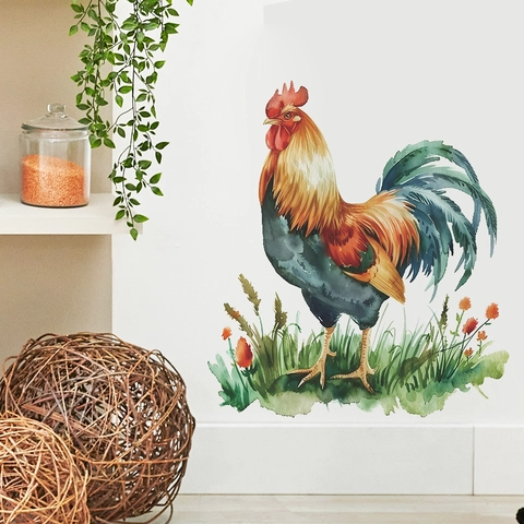 Watercolor Rooster Wall Sticker PVC Pastoral Floral Cock Pattern Decal For Kitchen Living Room Home Decor Art Wallpaper