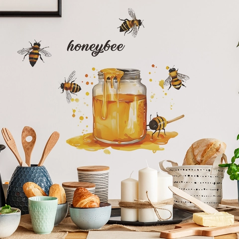 Watercolor Honeybee Honey Jar Wall Stickers PVC Decorative Decals For Kitchen Dining Room Home Decor Removable DIY Art