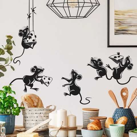 Cartoon Mouse Stealing Cheese Wall Sticker Kitchen Dining Room Home Decor PVC Self-adhesive Silhouette Mural Art Decal