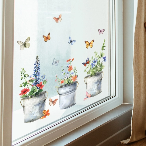Watercolor Flower Iron Bucket Butterfly Window Stickers UV Static PVC Glass Door Decor Potted Plants Floral Home Decals