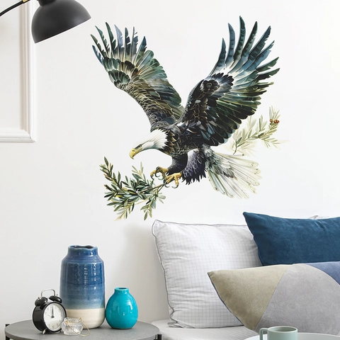 Sticker Mural Aigle à Tête Blanche à l'Aquarelle Avec Branche d'Olivier Autocollant Mural en PVC Pour Salon Chambre