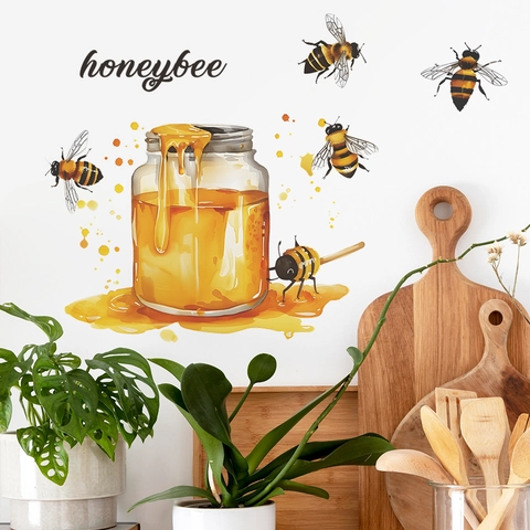 Watercolor Honeybee Honey Jar Wall Stickers PVC Decorative Decals For Kitchen Dining Room Home Decor Removable DIY Art
