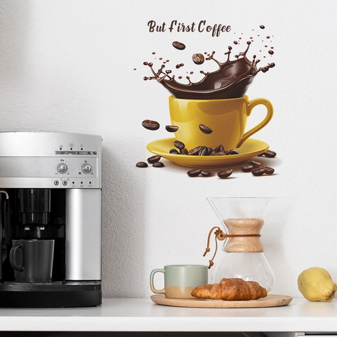 Modern PVC Coffee Cup Wall Sticker With But First Coffee Quote Yellow Decorative Decal For Kitchen Cafe Shop Home Decor