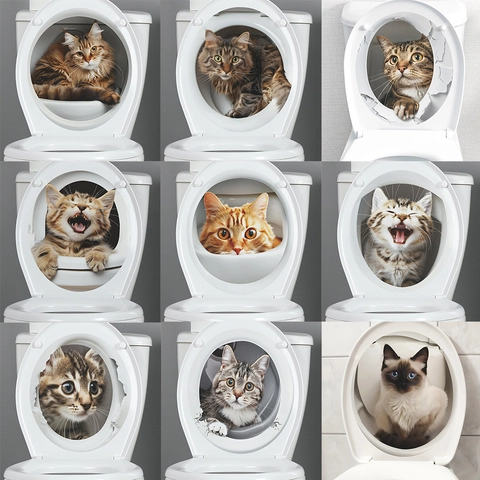 Sticker de Couvercle de Toilettes Chat 3D Réaliste Imperméable en PVC Décoration de Salle de Bain Drôle Art Mural pour Maison