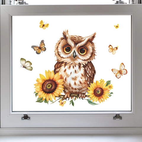 Watercolor Owl Sunflower Wall Stickers PVC Cartoon Animal Butterfly Window Decals For Kids Bedroom Living Room Home Decor