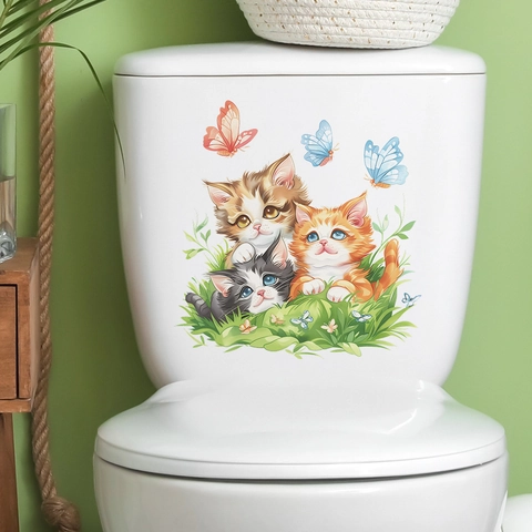 Cartoon Katze Schmetterling Toilettenaufkleber Wasserdicht PVC Deko Wandaufkleber Für Badezimmer Wohnkultur Aufkleber