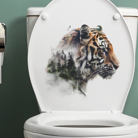 Kreativer Tiger Wald Doppelbelichtung Toilettenaufkleber Wasserdicht PVC Wandtattoo Für Badezimmer WC Heimdekoration Wandbild