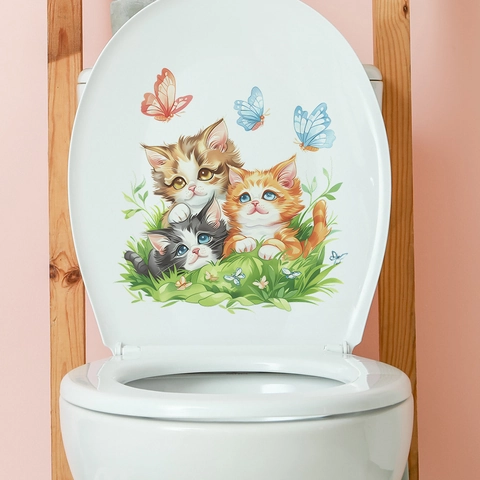 Cartoon Katze Schmetterling Toilettenaufkleber Wasserdicht PVC Deko Wandaufkleber Für Badezimmer Wohnkultur Aufkleber