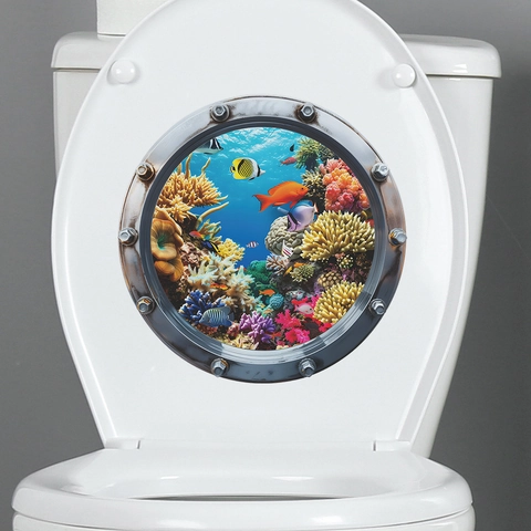 Pegatina de Inodoro Ojo de Buey de Submarino 3D Mundo Submarino Peces Arrecife de Coral Calcomanía PVC Impermeable