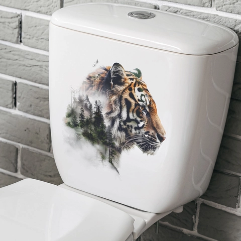 Kreativer Tiger Wald Doppelbelichtung Toilettenaufkleber Wasserdicht PVC Wandtattoo Für Badezimmer WC Heimdekoration Wandbild