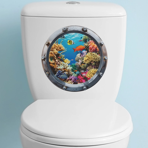 Pegatina de Inodoro Ojo de Buey de Submarino 3D Mundo Submarino Peces Arrecife de Coral Calcomanía PVC Impermeable
