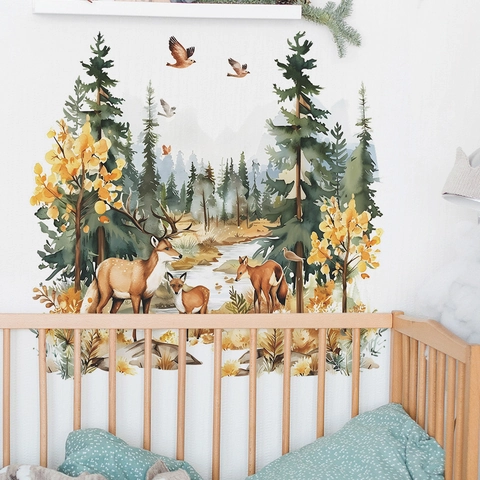 Aquarel Bos Hert Muurstickers Voor Kinderkamer Kwekerij Bosdier Boom Vos Vogels PVC Verwijderbare Home Decor Muurstickers