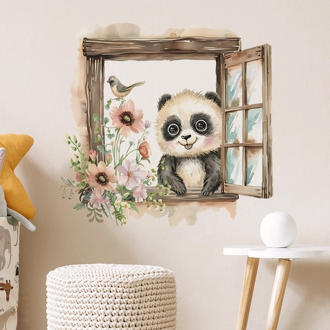 Creative Panda Faux Window Wall Sticker PVC Watercolor Floral Animal Removable Decal For Kids Room Bedroom Home Decor