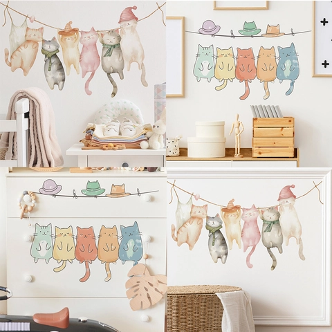 Cute Cartoon Cat Wall Stickers PVC Watercolor Animal Hanging Decals For Kids Room Bedroom Living Room Home Decor