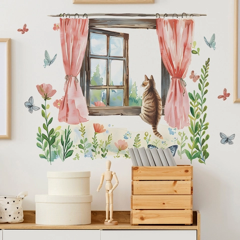 Watercolor 3D Fake Window Cat Wall Stickers Floral Butterfly PVC Decals For Kids Room Bedroom Living Room Home Decoration