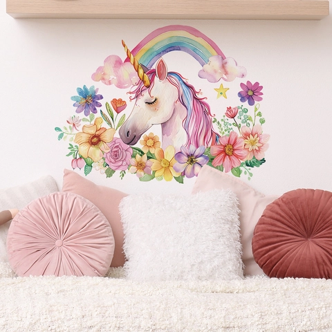Adesivi Murali Unicorno Fiore Arcobaleno Acquerello Per Camera Bambini Asilo Nido Arredamento PVC Removibile Sognante Fiaba Decalcomanie