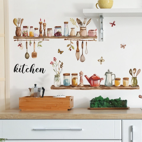 Watercolor Kitchen Utensils And Glass Jars Wall Stickers PVC Self Adhesive Kitchen Decor Decals For Dining Room Home Decoration